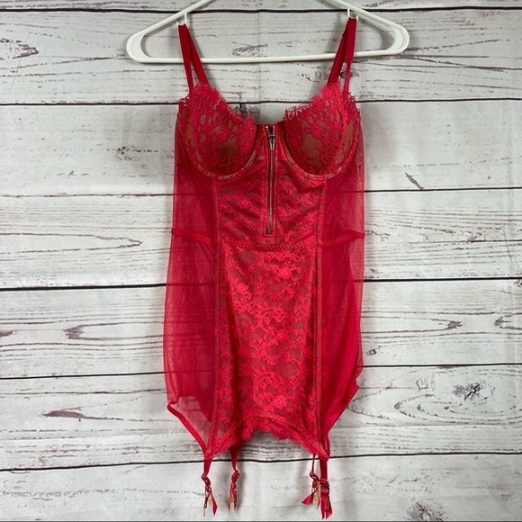 VICTORIA'S Secret red lace push-up corset body suite Sz 36C - Picture 1 of 8